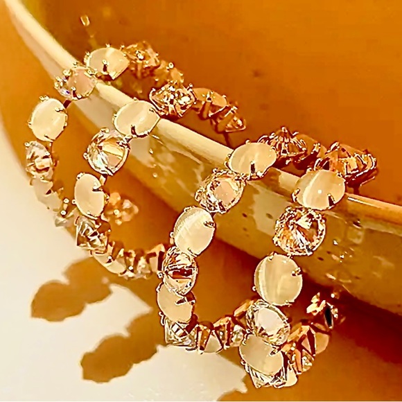 Gold Plated White Opal Hoop Earrings by Grathia Cero - Picture 3 of 8